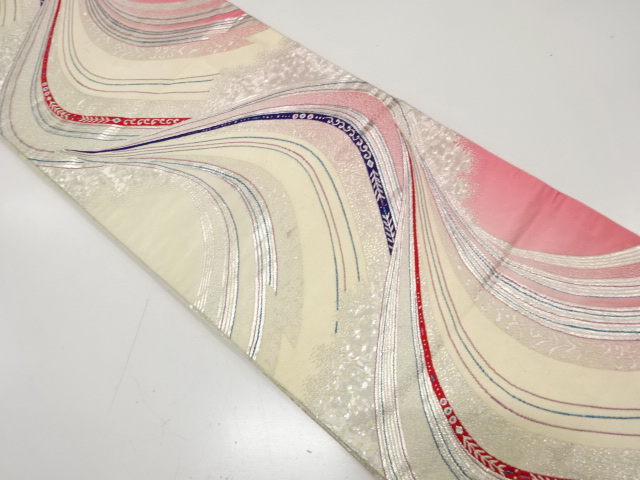 JAPANESE KIMONO / ANTIQUE FUKURO OBI / SILK / WOVEN WAVY STRIPE